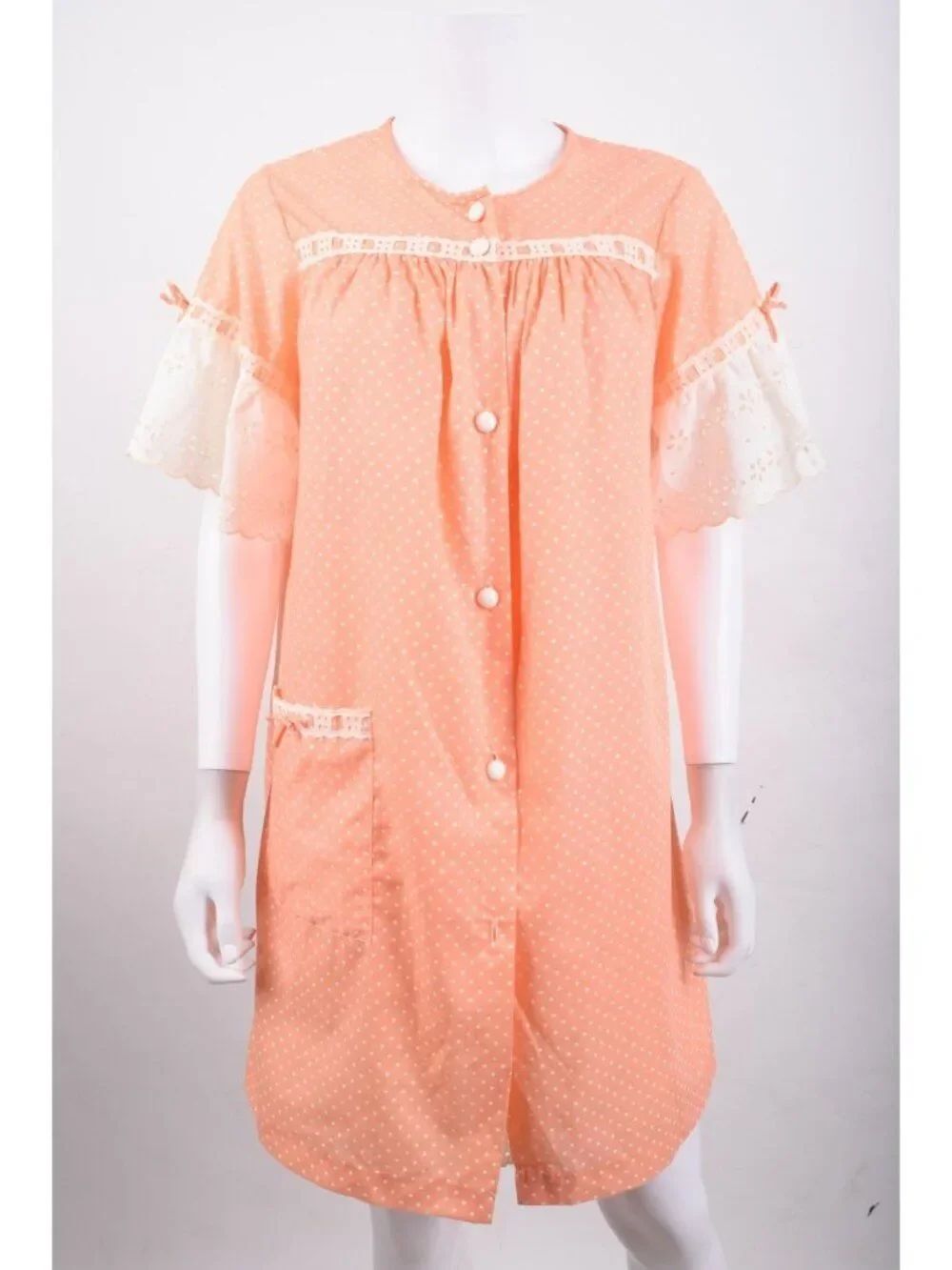 Vintage 60s 70s Womans Nightgown House Dress smock Robe Peach White Polka Dot L